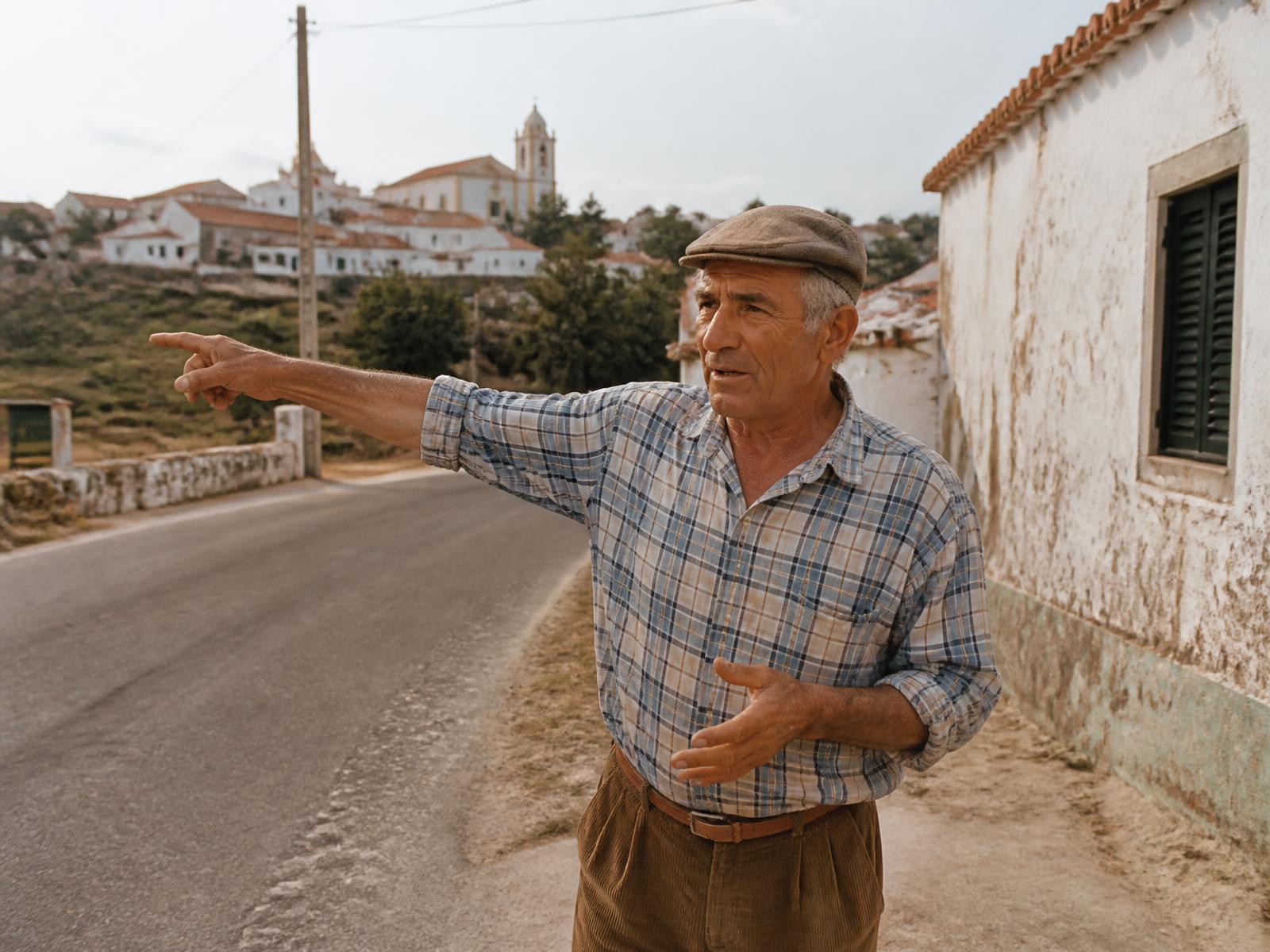 Um habitante de uma aldeia portuguesa aponta o caminho a quem chega